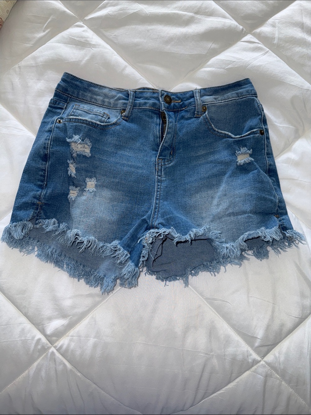 Distressed High-Rise Denim Shorts - Blue
